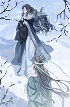 2boys black_eyes black_hair black_hanfu blue_cape blurry_edges branch cape chinese_clothes chinese_hairpin coat commentary day english_commentary expressionless facial_mark facing_away facing_to_the_side footprints forehead_mark fur-trimmed_cape fur_trim green_hanfu green_ribbon hanfu highres hooded_robe layered_clothes long_hair long_sleeves looking_back luo_binghe male_focus masyanajoy multiple_boys outdoors renzha_fanpai_zijiu_xitong ribbon ribboned_xiao_guan robe shen_qingqiu snow standing wavy_hair wind winter xiao_guan_(headdress)