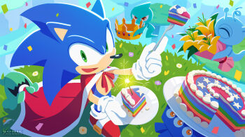 1boy :d animal_ears animal_nose blue_fur blue_hair blue_wisp_(sonic) body_fur bouquet cake cape commentary_request confetti copyright_name crown cyan_wisp_(sonic) day fireworks flower food fork furry furry_male gloves green_eyes happy hedgehog_boy holding holding_crown holding_fork jade_wisp_(sonic) layer_cake lily_(flower) looking_at_viewer male_focus official_art open_mouth outdoors outstretched_arms rainbow_cake red_cape red_shoes shoes smile solo_focus sonic_(series) sonic_channel sonic_colors sonic_colors:_ultimate sonic_the_hedgehog sonic_the_hedgehog_(birthday_king) sonic_the_hedgehog_official sparkler standing white_gloves wisp_(sonic) yacker_the_wisp yellow_flower