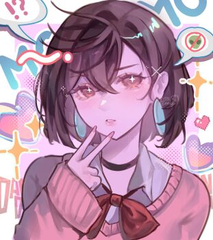 !? 1girl ayase_momo black_choker blush bow bowtie brown_eyes brown_hair choker collared_shirt commentary crossed_bangs dandadan earrings hair_behind_ear hair_between_eyes heart highres jewelry kami_high_school_uniform littleemely long_sleeves looking_at_viewer loose_bowtie parted_lips pink_lips pink_nails pink_sweater pixel_heart red_bow red_bowtie school_uniform shirt shirt_under_sweater short_hair sleeves_past_wrists solo sparkle sparkling_eyes spoken_interrobang straight-on sweater symbol-only_commentary upper_body v white_shirt