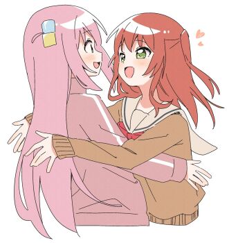 Rule 34 | 2girls, :d, blue eyes, blush, bocchi the rock!, bow, bowtie, brown shirt, cropped torso, cube hair ornament, eye contact, gotoh hitori, green eyes, hair ornament, happy, haru (konomi 150), heart, highres, hug, jacket, kita ikuyo, long hair, long sleeves, looking at another, multiple girls, one side up, open mouth, pink hair, pink jacket, red bow, red bowtie, red hair, sailor collar, school uniform, shirt, shuka high school uniform, simple background, smile, track jacket, upper body, white background, white sailor collar, yuri