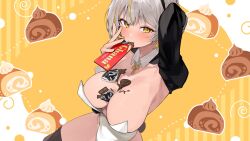 Rule 34 | 1girl, arm behind head, artist request, black shrug, black thighhighs, blonde hair, breasts, candy, chocolate, chocolate bar, chocolate on body, chocolate on breasts, collar, food, food on body, grey hair, highres, holding, holding food, large breasts, leotard, luvdia, multicolored hair, park dona, second-party source, short hair, shrug (clothing), solo, streaked hair, tan, thighhighs, virtual youtuber, white collar, white leotard, yellow eyes