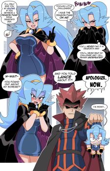 angry apologizing artist_name black_cape black_gloves blue_dress blue_gemstone blue_hair blush breasts brooch cape chibi clair_(pokemon) cleavage clenched_teeth comic cousins dress dual_persona english_text gem gloves hair_between_eyes hand_on_own_hip high_ponytail highres jewelry lance_(pokemon) large_breasts long_hair multiple_girls nervous_sweating nico-neko nintendo official_art_inset open_mouth pencil_dress pokemon ponytail purple_cape purple_eyes red_cape red_eyes red_hair shaded_face short_dress short_hair smile sparkle speech_bubble spiked_hair sweat tearing_up teeth thought_bubble turn_pale twitter_username two-sided_cape two-sided_fabric two-tone_cape upper_teeth_only v-shaped_eyebrows wavy_eyes wavy_mouth