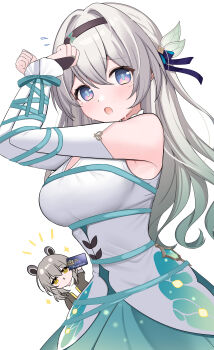 2girls absurdres bare_shoulders bdsm black_jacket blue_eyes blush bondage bound breasts commentary_request detached_sleeves firefly_(honkai:_star_rail) grey_hair highres honkai:_star_rail honkai_(series) jacket large_breasts long_hair multiple_girls oguraponti open_clothes open_jacket open_mouth restrained shirt stelle_(honkai:_star_rail) trailblazer_(honkai:_star_rail) white_shirt yellow_eyes