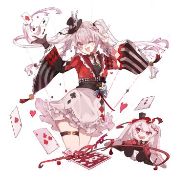 1girl ;d absurdres black_gloves braid card chinese_commentary choker commentary_request doll facial_tattoo frills gloves grey_hair hat heart highres honkai:_star_rail honkai_(series) long_hair long_sleeves looking_at_viewer one_eye_closed open_mouth playing_card poker red_eyes simple_background single_glove skirt smile sparkle_(honkai:_star_rail) sparxie_(honkai:_star_rail) tattoo thigh_strap top_hat twintails white_background white_hair white_skirt wide_sleeves zhuifengdeluxingzhe