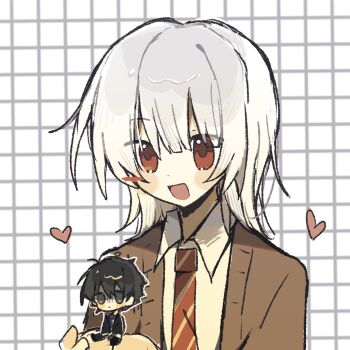 Rule 34 | 2boys, :d, akinashi haru, black hair, black jacket, blue eyes, blue necktie, blush stickers, brown cardigan, cardigan, chinese commentary, collared shirt, commentary request, dress shirt, gloom (expression), grid background, happy, heart, highres, holding, holding mini person, jacket, male focus, mini person, miniboy, multiple boys, necktie, open mouth, red eyes, red necktie, saihate eki, shirt, short hair, single blush sticker, sitting, smile, tatsunami shion, upper body, white hair, white shirt, xianen16437