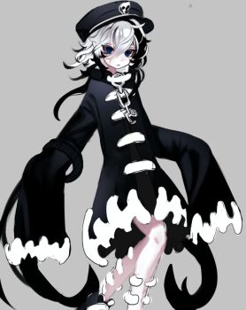 1girl black_dress black_hair black_hat blue_eyes chain cloud_(lufaeris) commentary cowboy_shot dress english_commentary grey_background hair_between_eyes hat long_hair long_sleeves looking_at_viewer multicolored_hair original oversized_clothes parted_lips simple_background sketch sleeves_past_fingers sleeves_past_wrists solo two-tone_hair unfinished white_hair