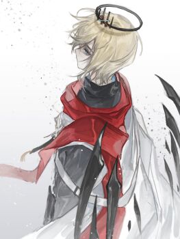 1boy absurdres arknights belt black_halo black_jacket black_wings blonde_hair blue_eyes cloak closed_mouth cowboy_shot detached_wings energy_wings executor_(arknights) executor_the_ex_foedere_(arknights) expressionless from_above hair_between_eyes halo highres jacket light_particles long_sleeves looking_at_viewer male_focus mechanical_halo profile red_cloak shiyue950 short_hair sideways_glance simple_background solo standing two-tone_cloak white_background white_belt white_cloak wings