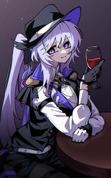 1girl asymmetrical_gloves black_gloves black_hat black_jacket black_pantyhose black_shorts breasts commentary commission cup drinking_glass dryegen english_commentary female_detective_(silver_palace) gloves hat highres holding holding_cup jacket long_hair looking_at_viewer looking_to_the_side medium_breasts mismatched_gloves pantyhose pantyhose_under_shorts parted_lips ponytail purple_eyes purple_hair shirt shorts silver_palace sitting smile solo white_gloves white_shirt