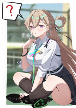 1girl ? absurdres aqua_necktie black_nails black_shoes black_skirt black_socks blonde_hair blurry blurry_background braid braided_bangs breasts button_gap chinese_commentary commentary earrings fingernails hair_between_eyes hair_ornament hand_up highres jewelry large_breasts light_blush long_hair looking_at_viewer lynae_(wuthering_waves) nail_polish necktie purple_eyes shirt shoes sitting skirt skull_hair_ornament socks solo spoken_question_mark star_(symbol) star_earrings tacet_mark_(wuthering_waves) tenjou_sora very_long_hair white_shirt wuthering_waves