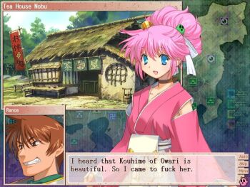 1boy 1girl alice_soft blue_eyes brown_eyes brown_hair japanese_clothes kimono pink_hair rance rance_(series) screencap sengoku_rance sill_plain solo_focus