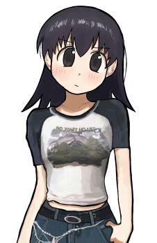 Rule 34 | 1girl, azumanga daiou, belt, black belt, black eyes, black hair, blue pants, blush, closed mouth, commentary, denim, english commentary, helloaite, highres, jeans, long hair, looking at viewer, pants, raglan sleeves, shirt, short sleeves, simple background, solo, t-shirt, takino tomo, white background, white shirt