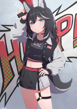 Rule 34 | 1girl, absurdres, akashi (4kc 27), animal ear piercing, animal ears, belt, black hair, black jacket, black nails, black shirt, black skirt, blue eyes, chain, chain necklace, closed mouth, cropped shirt, dog ears, dog girl, dog tail, expressionless, hand on hilt, highres, holding, holding megaphone, jacket, jewelry, kmnz, long sleeves, looking at viewer, medium hair, megaphone, midriff, miniskirt, multicolored hair, multicolored jacket, navel, necklace, nero (kmnz), open clothes, open jacket, red belt, shirt, shorts, shorts under skirt, skirt, streaked hair, tail, two-tone jacket, white hair, white jacket, white shorts