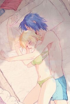 Rule 34 | 1boy, 1girl, athrun zala, blonde hair, blue hair, boxers, bra, cagalli yula athha, closed eyes, couple, gundam, gundam seed, hetero, highres, lying, male underwear, navel, on bed, on side, open mouth, panties, pillow, she (morianosu), short hair, sleeping, underwear, underwear only