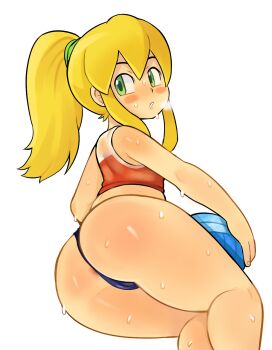 1girl :o android anus anus_peek ass ball blonde_hair blue_panties blush_stickers breath cameltoe crop_top drawfag feet_out_of_frame from_behind full_body green_eyes highres holding holding_ball kyojiri_loli loli long_hair long_sidelocks looking_at_viewer looking_back mega_man_(classic) mega_man_(series) open_mouth panties ponytail roll_(mega_man) sidelocks simple_background sleeveless solo sportswear sweat thong underwear volleyball_(object) volleyball_uniform white_background