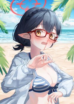 1girl absurdres ayane_(blue_archive) ayane_(swimsuit)_(blue_archive) beach bikini black_hair blood blue_archive blue_sky blush braid breasts cloud commentary_request crown_braid day glasses halo highres horizon looking_at_viewer medium_breasts miyako_0 nosebleed ocean official_alternate_costume open_mouth outdoors pointy_ears red-framed_eyewear red_halo sand short_hair sky striped_bikini striped_clothes swimsuit water yellow_eyes