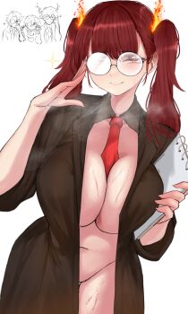 1girl 3boys absurdres aedd_(e.g.o) alyssa_(project_moon) ardor_blossom_star_(e.g.o) between_breasts blush breast_press breasts brown_coat cleavage closed_mouth coat commentary detached_collar e.g.o_(project_moon) fire glasses highres hohenheim_(project_moon) holding holding_notebook johann_(project_moon) lab_coat lantern_(e.g.o) large_breasts limbus_company long_hair looking_at_viewer marton_(project_moon) multiple_boys naked_coat navel necktie necktie_between_breasts note notebook project_moon red_eyes red_hair red_necktie round_eyewear simple_background smile solo_focus star_(symbol) sweat twintails white_background xkittyzx