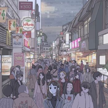 1girl absurdres ad_(object) backpack bag black_hair blonde_hair cityscape coat crowd grey_sweater hairband handbag highres holding holding_phone houndstooth izumi_makura original oshima_tomoko outdoors phone red_hairband solo_focus sweater