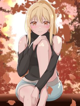 1girl aheaheliveman autumn_leaves bare_shoulders black_sweater blonde_hair blue_shorts blurry blurry_background blush closed_mouth clothing_cutout commentary falling_leaves feet_out_of_frame highres knee_up leaf long_sleeves looking_at_viewer love_live! love_live!_nijigasaki_high_school_idol_club love_live!_nijigasaki_high_school_idol_club_the_movie_-_finale medium_hair miyashita_ai orange_eyes outdoors short_shorts shorts shoulder_cutout smile solo sweater turtleneck turtleneck_sweater