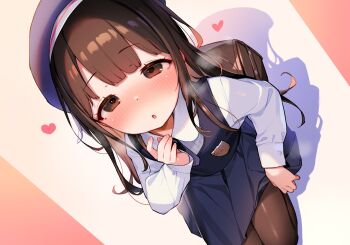 1girl backpack bad_source bag black_pantyhose blush brown_eyes brown_hair dress flat_chest hat heart heavy_breathing henreader loli long_hair looking_at_viewer original pantyhose shadow solo