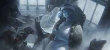 1girl absurdres blue_hair candle character_doll cloak cracked_skin doll elden_ring extra_arms extra_faces fog fur_cloak gauntlets gift hat highres hollow_knight hornet_(hollow_knight) large_hat ranni_the_witch santa_hat sleeping unworn_hat unworn_headwear window x37tc