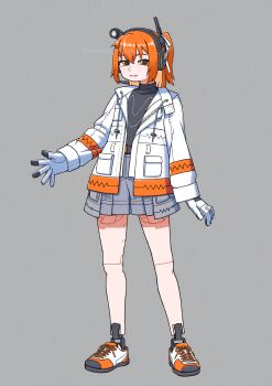 1girl a.i._voice absurdres adachi_rei android bare_legs black_shirt full_body gloves grey_background grey_shorts headset highres jacket joints kanbaru_mitsuki long_sleeves looking_at_viewer one_side_up open_clothes open_jacket orange_eyes orange_hair robot_joints shirt shoes shorts simple_background smile sneakers solo standing utau white_gloves white_jacket