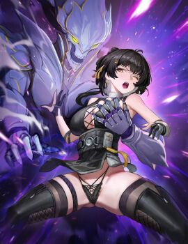 1girl 1other absurdres arecus bare_shoulders black_gloves black_hair breasts colored_inner_hair crownless_(wuthering_waves) dress earrings eyeliner female_rover_(wuthering_waves) gloves grey_hair groping hair_ornament hairclip highres jewelry long_hair low_ponytail makeup multicolored_hair ponytail red_eyeliner rover_(wuthering_waves) sleeveless two-tone_hair wuthering_waves yellow_eyes