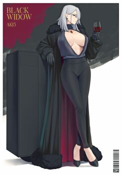 1girl absurdres ak-15_(girls&#039;_frontline) black_coat black_gloves black_pants black_shirt black_shoes blue_eyes breasts center_opening character_name coat commentary crossed_legs cup drinking_glass earrings english_commentary full_body fur-trimmed_coat fur-trimmed_collar fur_trim girls&#039;_frontline gloves grey_hair hair_behind_ear hand_up high-waist_pants high_heels highres holding holding_cup huge_breasts j_adsen jewelry long_coat long_hair long_sleeves necklace no_bra open_clothes open_coat pants pantylines pendant plunging_neckline red_coat shirt shoes sleeveless sleeveless_shirt solo standing stud_earrings tight_clothes tight_pants two-sided_coat two-sided_fabric wine_glass
