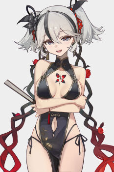 1girl alternate_costume arms_under_breasts bare_shoulders black_dress black_flower black_panties blake_bloom_(wuthering_waves) breasts camellya_(wuthering_waves) cleavage clothing_cutout commentary dress earrings flower folded_fan folding_fan gold_earrings grey_background grey_eyes grey_hair hair_between_eyes hair_flower hair_ornament hair_vines hand_fan highres holding holding_fan jewelry kurisu~tina looking_at_viewer medium_breasts multi-strapped_panties navel navel_cutout open_mouth panties red_pupils short_hair short_twintails side-tie_panties simple_background smile solo tacet_mark_(wuthering_waves) thighs twintails underwear wuthering_waves