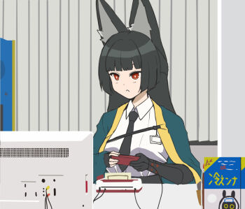 1girl :< animal_ear_fluff animal_ears artistic_error asymmetrical_gloves black_gloves black_hair black_necktie black_straps blunt_bangs box cable cloak commentary_request controller curtains dot_nose elbow_gloves famicom fingerless_gloves fox_ears fox_girl frown game_console game_controller gamecenter_cx gloves green_cloak holding holding_controller holding_game_controller hoshimi_miyabi long_hair name_tag necktie playing_games red_eyes shirt solo suzuki_sakura table television translation_request white_shirt yellow_trim zenless_zone_zero