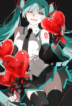 1girl aqua_eyes aqua_hair aqua_theme armpit_crease arms_at_sides balloon bare_shoulders black_background black_necktie black_ribbon black_skirt black_sleeves black_theme black_thighhighs breasts buttons character_name cheek_press collared_shirt contrapposto cowboy_shot detached_sleeves dress_shirt eyelashes fingernails frilled_shirt frilled_shirt_collar frills hair_between_eyes hair_ornament hairclip hand_up hatsune_miku headset heart heart_balloon highres holding holding_balloon holding_string light_blush light_particles light_smile limited_palette long_eyelashes long_hair looking_at_viewer medium_breasts necktie number_tattoo one_eye_closed parted_lips pleated_skirt red_ribbon red_theme ribbon see-through_clothes see-through_sleeves shirt shoulder_tattoo sidelighting sidelocks simple_background single_horizontal_stripe single_vertical_stripe skirt sleeveless sleeveless_shirt solo straight_hair string striped_ribbon swept_bangs tattoo teeth thick_thighs thighhighs thighs tie_clip twintails two-sided_ribbon upper_teeth_only uryoko very_long_hair vocaloid white_shirt wide_hips wide_sleeves