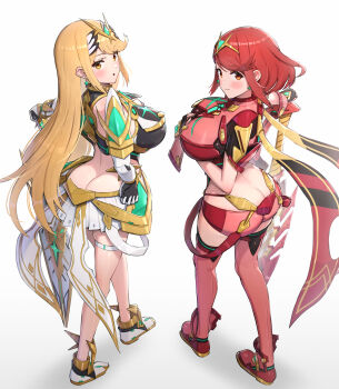 2girls :o ass blonde_hair breasts brown_eyes closed_mouth commentary_request earrings gloves gonzarez highres jewelry large_breasts long_hair looking_at_viewer looking_back multiple_girls mythra_(xenoblade) open_mouth pyra_(xenoblade) red_hair short_hair smile weapon white_background xenoblade_chronicles_(series) xenoblade_chronicles_2