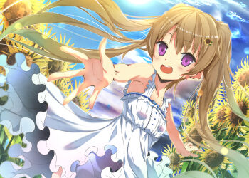 1girl absurdres ahoge alternate_costume ao_no_kanata_no_four_rhythm arisaka_mashiro blue_sky blush breasts brown_hair cloud collarbone commentary_request cowboy_shot day dress dutch_angle field floating_clothes floating_hair flower flower_field frilled_dress frills hair_flower hair_ornament happy highres long_hair looking_at_viewer open_mouth outdoors outline outstretched_arms outstretched_hand purple_eyes reaching reaching_towards_viewer round_teeth sky sleeveless sleeveless_dress small_breasts smile solo sukonbu385 sundress sunflower sunflower_field sunflower_hair_ornament teeth twintails upper_teeth_only very_long_hair watermark white_dress white_outline