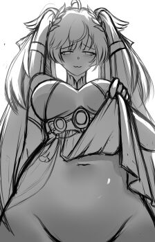 1girl :3 absurdres ahoge blush bottomless breasts closed_mouth clothes_lift commentary den_kun69 english_commentary from_below greyscale groin highres iuno_(wuthering_waves) laurel_crown long_hair looking_at_viewer medium_breasts monochrome navel out-of-frame_censoring pelvic_curtain pelvic_curtain_lift simple_background sketch solo stomach twintails underboob white_background wuthering_waves