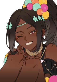 Rule 34 | 1girl, bare shoulders, brown hair, dark-skinned female, dark skin, dr metagross, eyeshadow, fire emblem, fire emblem engage, highres, looking at viewer, makeup, nintendo, pearl hair ornament, pink eyeshadow, ponytail, smile, solo, star-shaped pupils, star (symbol), symbol-shaped pupils, timerra (fire emblem)