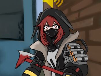 2girls arknights axe black_gloves black_jacket brick_wall chez_(m4hche3zy) commentary counter-strike counter-strike_(series) crownslayer_(arknights) door door_stuck_(meme) english_commentary female_pov fire_axe gameplay_mechanics gloves grey_shirt holding holding_axe hood hood_up hooded_jacket jacket looking_at_viewer mask meme mouth_mask multiple_girls open_clothes open_jacket pov pov_hands red_eyes red_hair shaw_(arknights) shirt upper_body