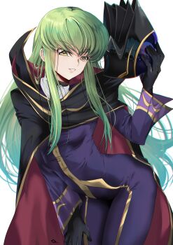 1girl absurdres arm_up black_cape black_gloves bodysuit breasts budgiepon c.c. c.c._day cape code_geass cosplay gloves gold_trim green_hair grin highres holding holding_mask lelouch_vi_britannia lelouch_vi_britannia_(cosplay) long_hair looking_at_viewer mask parted_lips purple_bodysuit simple_background small_breasts smile solo taut_clothes very_long_hair white_background yellow_eyes zero_(code_geass) zero_(code_geass)_(cosplay)