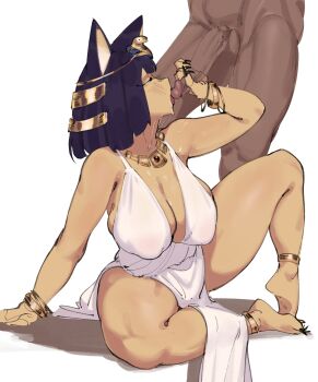 1girl absurdres ancient_egyptian animal_crossing animal_ears ankha_(animal_crossing) anklet bangle black_nails blue_hair blunt_bangs blush bob_cut bracelet breasts cat_ears cat_girl colored_skin curvy dark-skinned_male dark_skin dress fellatio fingernails hair_ornament highres jewelry kida_eve large_breasts long_fingernails nintendo on_floor oral short_hair snake_hair_ornament white_dress yellow_skin