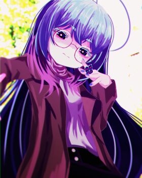 1girl ahoge black_skirt blue_hair blue_nails blurry blurry_background bright_pupils brown_coat coat colored_eyelashes commentary cowboy_shot flat_chest freckles frown glasses highres hitnex holding j-core kobaryo long_hair long_sleeves looking_at_viewer multicolored_hair nyankovsky official_art open_clothes open_coat outdoors purple_hair round_eyewear shirt short_eyebrows skirt solo very_long_hair white_pupils white_shirt