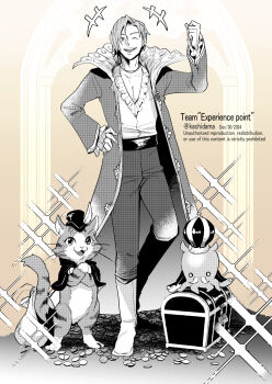 +++ 1boy ;d alrond_rondwell belt boots cat character_request coat commentary_request crown full_body greyscale hand_up highres kachidama long_sleeves looking_at_viewer male_focus monochrome octopath_traveler one_eye_closed open_clothes open_coat open_mouth pants shirt short_hair smile solo standing treasure_chest twitter_username watermark