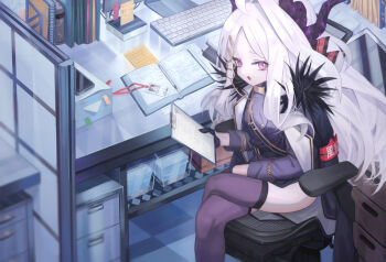1girl armband black_coat black_skirt black_thighhighs blue_archive blush book breasts coat coat_on_shoulders commentary_request demon_girl demon_horns desk highres hina_(blue_archive) holding holding_paper horns indoors long_hair looking_at_viewer ne.corn paper purple_eyes red_armband sitting skirt small_breasts solo thighhighs thighs very_long_hair white_hair