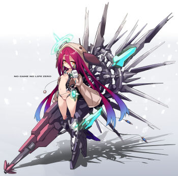 1girl android animal_hood arm_gun breasts female_focus full_body fuzzy_balls hair_between_eyes halo hood hoodie karukan karukan_(monjya) loli looking_at_viewer multicolored_hair no_game_no_life no_game_no_life_zero purple_hair robot_ears mechanical_wings shuvi_(no_game_no_life) skirt small_breasts yellow_skirt