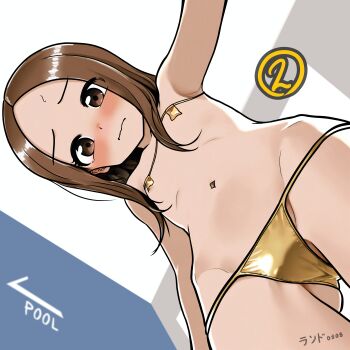 1girl absurdres armpits artist_name ass bikini blush breast_curtains brown_eyes brown_hair closed_mouth embarrassed eyepatch_bikini flat_chest from_below gold_bikini hair_over_one_eye highres karakai_jouzu_no_takagi-san lander0808 loli looking_at_viewer looking_down medium_hair micro_bikini navel nipple_slip nipples simple_background solo stomach swimsuit takagi-san white_background