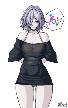 1girl apron arknights arms_behind_back bare_shoulders black_nails black_shirt cowboy_shot furauji gladiia_(arknights) grey_hair hair_over_one_eye half-closed_eyes halterneck interlocked_mars_and_venus_symbols loose_clothes loose_shirt mars_symbol medium_hair meme pajamas_challenge_(meme) panties panty_peek pointy_ears red_eyes shirt simple_background solo standing underwear venus_symbol white_background