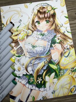 1girl :o apron black_garter_straps blush bow bowtie breasts brown_hair cleavage collared_dress commentary_request cowboy_shot cup dress dress_bow drink drinking_straw dutch_angle floating_hair food food-themed_hair_ornament frilled_apron frilled_dress frills fruit fruit_hair_ornament garter_straps glass green_bow green_bowtie green_eyes hair_ornament hands_up highres holding holding_cup large_breasts lemon lemon_slice long_hair looking_at_viewer maid_apron maid_headdress marker_(medium) motage_illust original parted_lips photo_(medium) short_dress short_sleeves solo straight_hair traditional_media two-tone_dress very_long_hair water_drop white_apron white_background wing_collar wispy_bangs