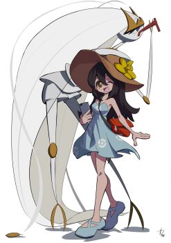 1girl ;d bag black_hair blue_dress blue_shoes brown_eyes brown_hat cellphone commentary dress full_body gen_7_pokemon hair_between_eyes hashtag-only_commentary hat highres holding holding_phone ida_(idalol490) nintendo one_eye_closed open_mouth pheromosa phone poke_ball_print pokemon pokemon_(creature) pokemon_sm red_bag shoes shoulder_bag sightseer_(pokemon) smartphone smile strapless strapless_dress sun_hat symbol-only_commentary ultra_beast