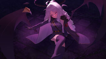 1girl absurdres armband black_gloves blue_archive boots box_(bagsang59049289) breasts closed_mouth coat coat_on_shoulders commentary_request demon_girl demon_horns demon_wings foot_out_of_frame fur_collar gloves grey_hair hair_ornament halo highres hina_(blue_archive) horns long_coat long_hair looking_at_viewer military military_uniform miniskirt multiple_horns parted_bangs ponytail purple_eyes purple_thighhighs red_armband skirt slit_pupils solo thighhighs very_long_hair wings