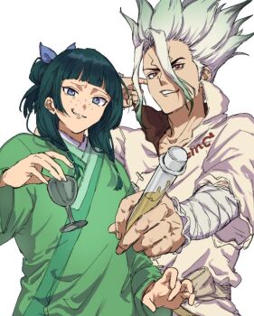 1boy 1girl arm_wrap bandaged_arm bandages blue_eyes blue_ribbon blunt_bangs bow chinese_clothes collarbone commentary_request crossover cup dr._stone e=mc2_(equation) freckles gradient_hair green_hair grin hair_between_eyes hair_bow hair_bun hair_ribbon hanfu holding holding_cup ishigami_senkuu kusuriya_no_hitorigoto long_hair long_sleeves looking_at_viewer maomao_(kusuriya_no_hitorigoto) mentai2tara multicolored_hair red_eyes ribbon robe sidelocks simple_background single_hair_bun smile spiked_hair teeth test_tube upper_body white_background white_hair white_robe wide_sleeves