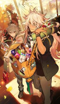 1girl 3boys bag black_shirt black_shoes bow box bracelet brown_pants brown_shoes chest_markings christmas commentary demon_pillar_(fate) diffraction_spikes falling fate/grand_order fate_(series) flower flower_request flying from_above gift gift_bag gift_box glowing green_eyes green_sweater grey_hair hair_between_eyes hat hippogriff_(fate) holding holding_bag indoors ishtar_(fate) itefu jacket jewelry karna_(fate) long_hair long_sleeves male_focus medium_hair multiple_boys official_alternate_costume official_art open_bag open_clothes open_jacket orange_bag pants paper parted_lips petals plaid_clothes plaid_pants red_bag red_bow red_eyes red_flower red_ribbon ribbon saint_quartz_(fate) santa_hat shirt shoes sidelocks sieg_(deliverers_of_sentiment)_(fate) sieg_(fate) siegfried_(fate) snowflakes sparkle sweater teeth third-party_source too_many too_many_bags tree tube walking white_flower white_hair white_sweater window