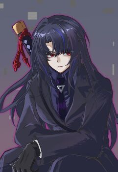 Rule 34 | 1girl, black gloves, black hair, black jacket, black pants, black shirt, black suit, closed mouth, collared shirt, commentary, formal clothes, gloves, highres, jacket, limbus company, long hair, long sleeves, looking to the side, multicolored hair, necktie, pants, parted bangs, pinky (identity) (project moon), project moon, purple necktie, purple streaks, red eyes, ryoshu (project moon), shirt, shoulder strap, sitting, solo, streaked hair, suit, suit jacket, sword, sword on back, untranslatable commentary, weapon, weapon on back, zora (zorao822)