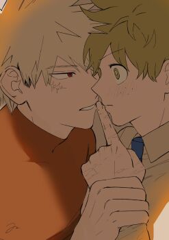 Rule 34 | 2boys, arm up, bakugou katsuki, black shirt, blonde hair, blue necktie, boku no hero academia, collared shirt, commentary, facial scar, green eyes, green hair, hand on another's wrist, highres, index finger raised, male focus, midoriya izuku, multiple boys, necktie, oi0o2pcgk65260, parted bangs, parted lips, red eyes, scar, scar on cheek, scar on face, scar on hand, shirt, spiked hair, upper body, white shirt, wide-eyed, wing collar, yaoi